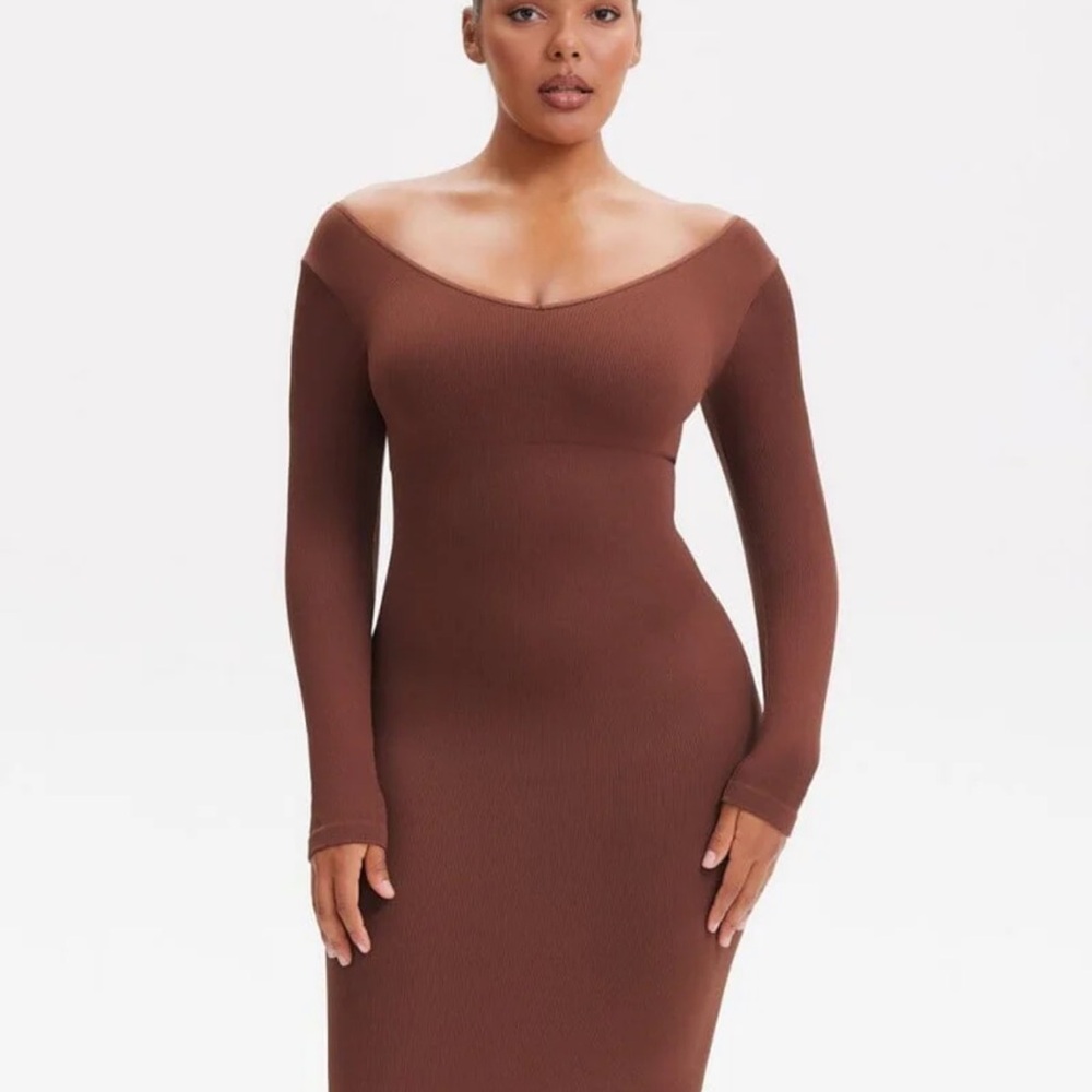Brown Off-Shoulder Compression Midi Dress